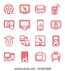 Screen icons set. set of 16 screen outline icons such as heart mobile, laptop, display, camera display, pc, home on tablet, tv set, calendar on phone, laptop connection