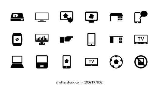 Screen icons. set of 18 editable filled screen icons: no laptop, office desk, laptop, atom on display, phone, dvd player, camera display, tv, pointing