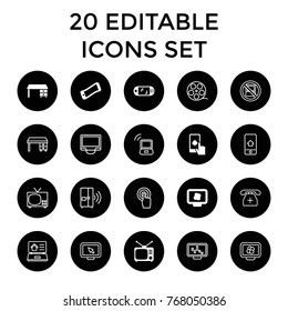 Screen icons. set of 20 editable filled and outline screen icons such as office desk, wavy phone, atom on display, tv, portable game console, no laptop, tv, camera tape