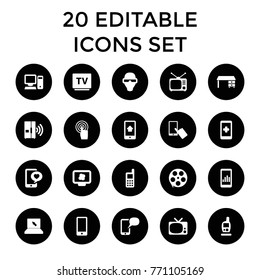 Screen icons. set of 20 editable filled screen icons such as finger on display, phone, office desk, movie tape, hand on smartphone, graph on display, man in smart glasses, tv
