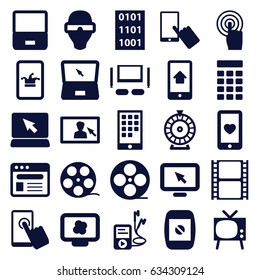 Screen icons set. set of 25 screen filled icons such as poker on phone, roulette, finger on display, heart mobile, movie tape, touchscreen, browser, mp3 player, laptop