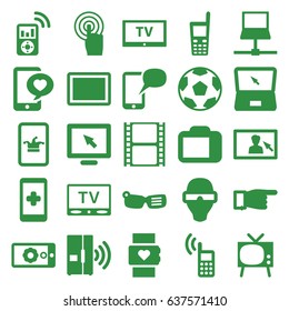 Screen icons set. set of 25 screen filled icons such as poker on phone, pointing, phone with heart, movie tape, touchscreen, tablet, old phone, laptop, camera display