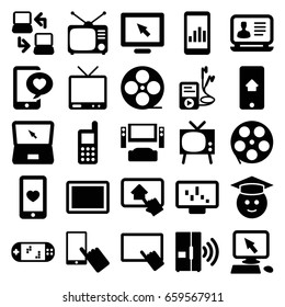 Screen icons set. set of 25 screen filled icons such as pointer on display, finger on tablet, finger on display, phone, laptop, graduate emoji, heart mobile, phone with heart