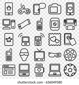 Screen icons set. set of 25 screen outline icons such as joystick, poker on phone, phone, heart mobile, photo with heart, tv, browser, camera display, pc, laptop signal