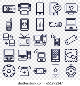 Screen icons set. set of 25 screen outline icons such as roulette, photo with heart, phone with heart, tv, phone, old phone, pc, gear on display, laptop connection