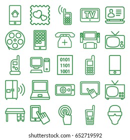 Screen icons set. set of 25 screen outline icons such as tv, baby monitor phone, finger on tablet, finger on display, phone, office desk, laptop, photo with heart, touchscreen