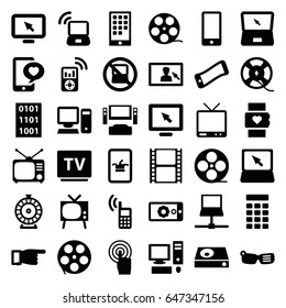 Screen icons set. set of 36 screen filled icons such as no laptop, poker on phone, roulette, pointing, phone with heart, movie tape, tv, tv, touchscreen, laptop, dvd player