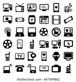 Screen icons set. set of 36 screen filled icons such as no laptop, tv, baby monitor phone, laptop, heartbeat on phone, heart mobile, movie tape, tv, touchscreen, display