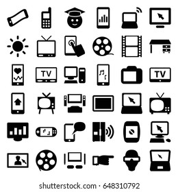 Screen icons set. set of 36 screen filled icons such as tv, pointer on display, phone, pointing, office desk, graduate emoji, heartbeat on phone, movie tape, tablet, laptop