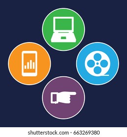 Screen icons set. set of 4 screen filled icons such as pointing, movie tape, laptop
