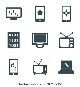 Screen icons. set of 9 editable filled screen icons such as graph on display, tv, display, mobile phone music, home on phone display, binary code, laptop, tv