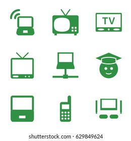 Screen icons set. set of 9 screen filled icons such as graduate emoji, tv, phone, tv set, laptop signal