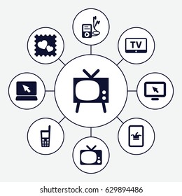 Screen icons set. set of 9 screen filled icons such as tv, poker on phone, photo with heart, old phone, mp3 player, display pointer