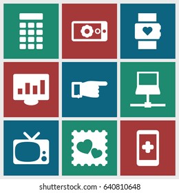 Screen icons set. set of 9 screen filled icons such as pointing, photo with heart, gear on display, intercom, tv, hand on smartphone, laptop, chart on display