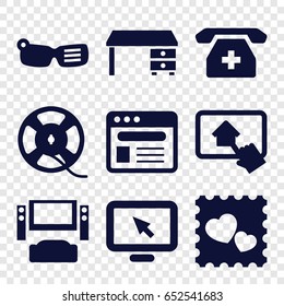 Screen icons set. set of 9 screen filled icons such as office desk, photo with heart, browser, medical phone, film tape, home on tablet, display pointer, smart glasses