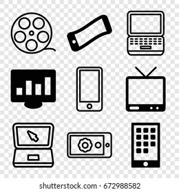 Screen icons set. set of 9 screen filled and outline icons such as tv, calendar on phone, wavy phone, laptop, phone, gear on display, chart on display