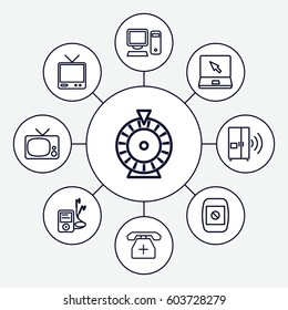Screen icons set. set of 9 screen outline icons such as Roulette, TV, laptop, medical phone, mp3 player, camera display, pc