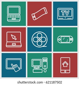 Screen icons set. set of 9 screen outline icons such as finger on tablet, movie tape, laptop, home on phone display, TV, portable game console, pc