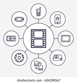 Screen icons set. set of 9 screen outline icons such as movie tape, tablet, old phone, dvd player, gear on display, home on phone display, laptop connection