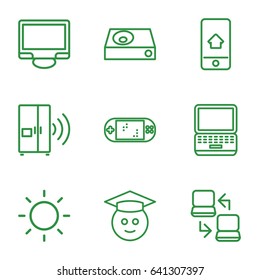 Screen icons set. set of 9 screen outline icons such as display, dvd player, contrast, home on phone display, intercom, laptop connection, portable game console