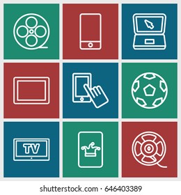 Screen icons set. set of 9 screen outline icons such as poker on phone, finger on display, movie tape, phone, tablet, film tape, laptop