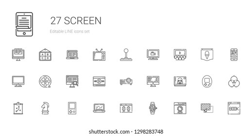 screen icons set. Collection of screen with browser, smartwatch, laptop, console, strategy, television, monitor, projector, video player, computer. Editable and scalable screen icons.