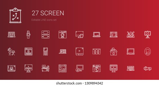 screen icons set. Collection of screen with computer, browser, desk, video player, television, laptop, mobile phone, video, portable, projector. Editable and scalable screen icons.