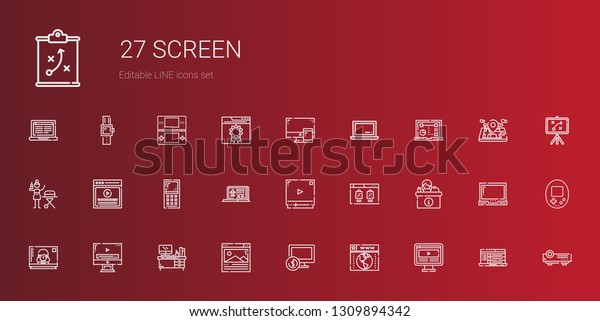 screen\
icons set. Collection of screen with computer, browser, desk, video\
player, television, laptop, mobile phone, video, portable,\
projector. Editable and scalable screen\
icons.