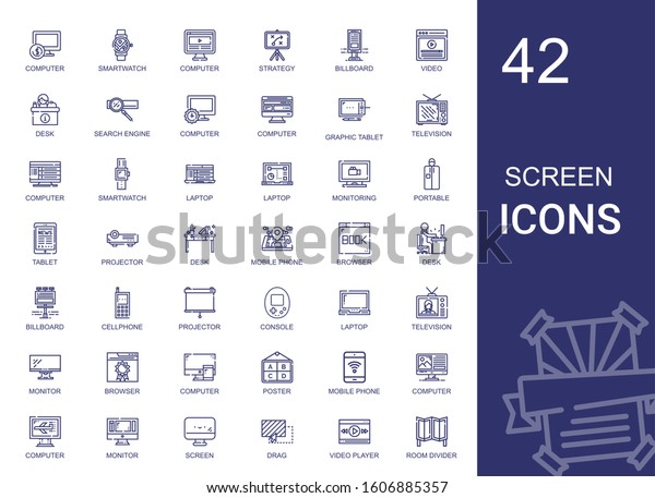 screen\
icons set. Collection of screen with computer, smartwatch,\
strategy, billboard, video, desk, search engine, graphic tablet,\
television. Editable and scalable screen\
icons.
