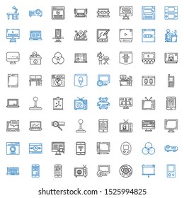screen icons set. Collection of screen with console, projector, film, computer, tv, mobile phone, laptop, rgb, graphic tablet, video player. Editable and scalable screen icons.
