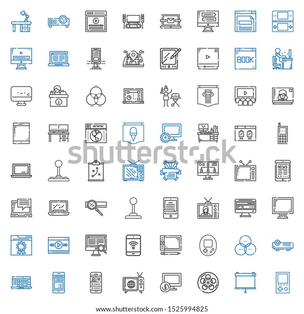 screen icons\
set. Collection of screen with console, projector, film, computer,\
tv, mobile phone, laptop, rgb, graphic tablet, video player.\
Editable and scalable screen\
icons.