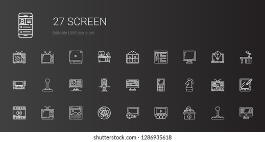 screen icons set. Collection of screen with desk, cinema, computer, film, browser, television, strategy, mobile phone, billboard, joystick. Editable and scalable screen icons.