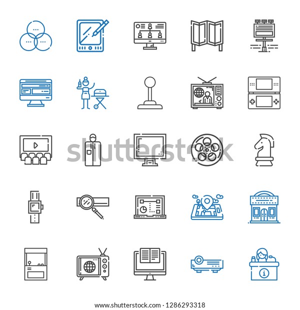 screen icons set.\
Collection of screen with desk, projector, computer, tv, arcade,\
cinema, mobile phone, laptop, search engine, smartwatch. Editable\
and scalable screen\
icons.