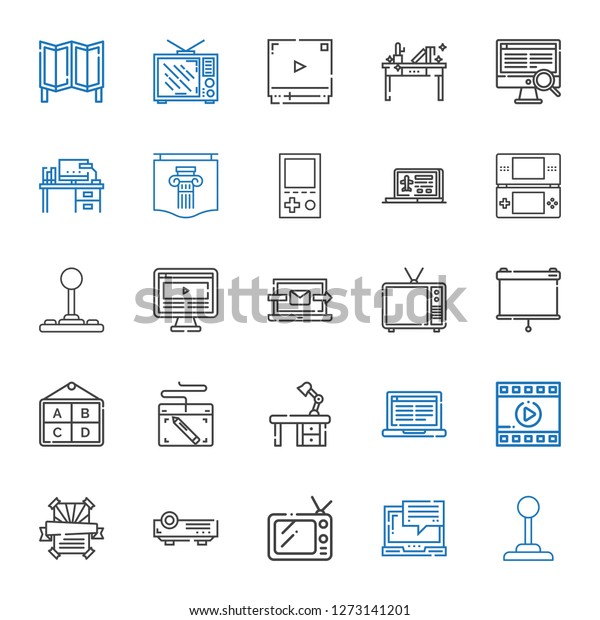 screen icons set. Collection of screen with\
joystick, laptop, tv, projector, poster, film, desk, graphic\
tablet, television, computer, console. Editable and scalable screen\
icons.