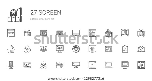 screen icons set.\
Collection of screen with laptop, video player, monitor, desk, rgb,\
television, billboard, poster, film, computer, browser. Editable\
and scalable screen\
icons.