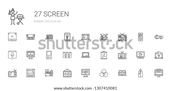 screen icons set.\
Collection of screen with laptop, rgb, computer, poster, desk,\
browser, tv, television, strategy, console, mobile phone. Editable\
and scalable screen\
icons.