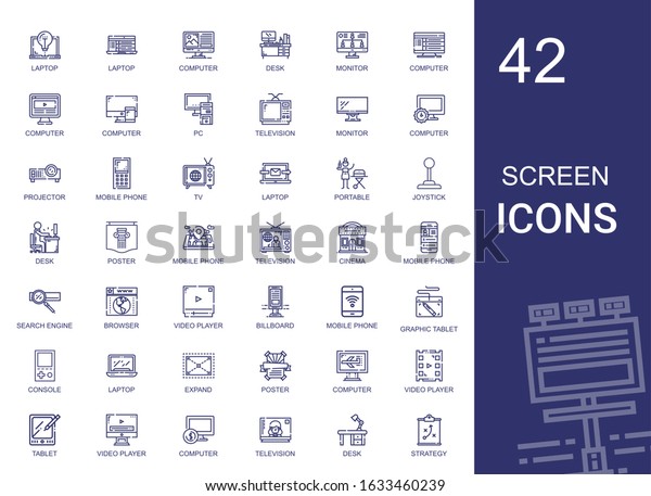 screen\
icons set. Collection of screen with laptop, computer, desk,\
monitor, pc, television, projector, mobile phone, tv, portable,\
joystick. Editable and scalable screen\
icons.