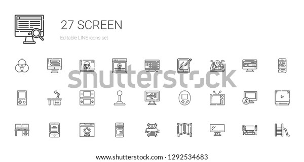 screen\
icons set. Collection of screen with monitor, room divider, poster,\
mobile phone, browser, ereader, desk, television, console,\
computer. Editable and scalable screen\
icons.