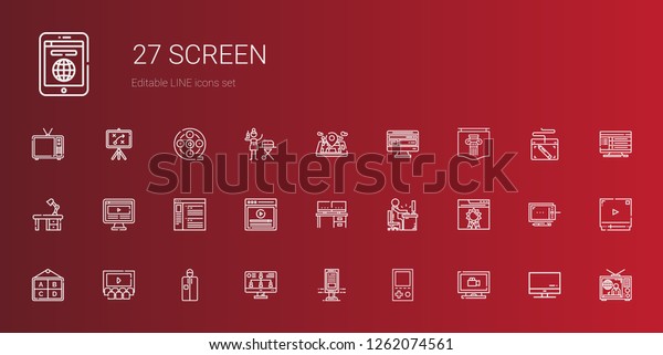 screen\
icons set. Collection of screen with monitoring, console,\
billboard, monitor, portable, cinema, poster, browser, desk, video,\
computer. Editable and scalable screen\
icons.