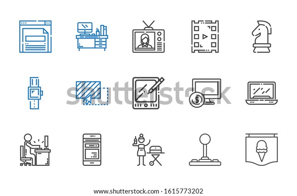 screen
icons set. Collection of screen with poster, joystick, portable,
mobile phone, desk, laptop, computer, tablet, drag, smartwatch,
strategy. Editable and scalable screen
icons.