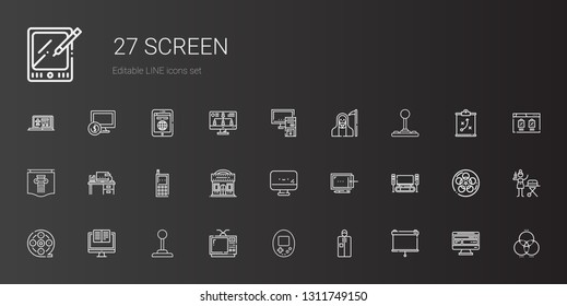 screen icons set. Collection of screen with projector, portable, console, television, joystick, computer, film reel, home cinema, graphic tablet. Editable and scalable screen icons.