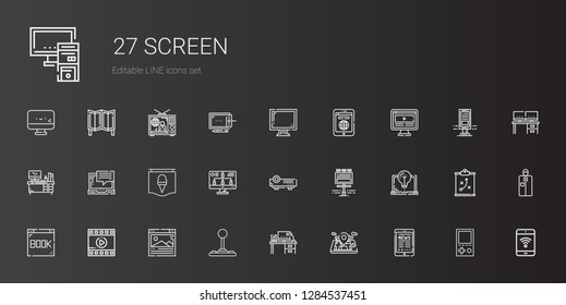 screen icons set. Collection of screen with tablet, mobile phone, desk, joystick, browser, film, laptop, billboard, projector, monitor, poster. Editable and scalable screen icons.