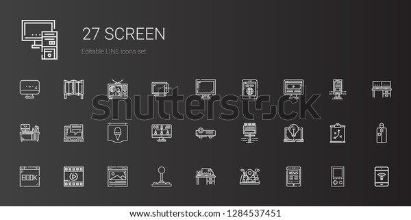 screen icons\
set. Collection of screen with tablet, mobile phone, desk,\
joystick, browser, film, laptop, billboard, projector, monitor,\
poster. Editable and scalable screen\
icons.