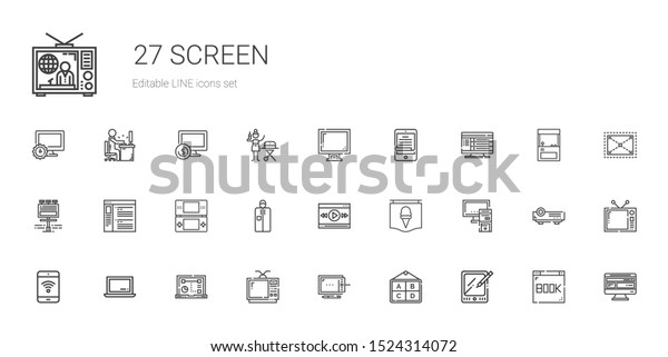screen icons set. Collection of screen with\
tablet, poster, graphic tablet, television, laptop, mobile phone,\
pc, video player, portable, console. Editable and scalable screen\
icons.