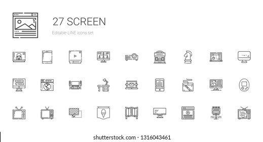 screen icons set. Collection of screen with video, monitor, room divider, poster, drag, television, graphic tablet, ereader, laptop, desk. Editable and scalable screen icons.