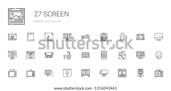 screen icons set.\
Collection of screen with video, monitor, room divider, poster,\
drag, television, graphic tablet, ereader, laptop, desk. Editable\
and scalable screen\
icons.