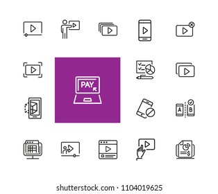 Screen icons. Set of  line icons. Player window, mobile phone, laptop. Screen concept. Vector illustration can be used for topics like video content, digital technology, apps.