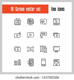 Screen icons. Set of  line icons. Player window, mobile phone, laptop. Screen concept. Vector illustration can be used for topics like video content, digital technology, apps.