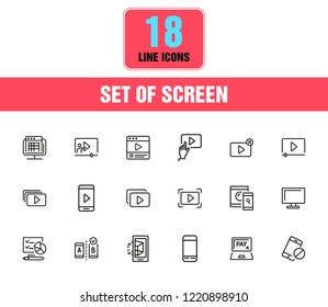 Screen icons. Set of  line icons. Player window, mobile phone, laptop. Screen concept. Vector illustration can be used for topics like video content, digital technology, apps.