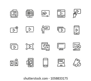 Screen icons. Set of twenty line icons. Player window, mobile phone, laptop. Screen concept. Vector illustration can be used for topics like video content, digital technology, apps.